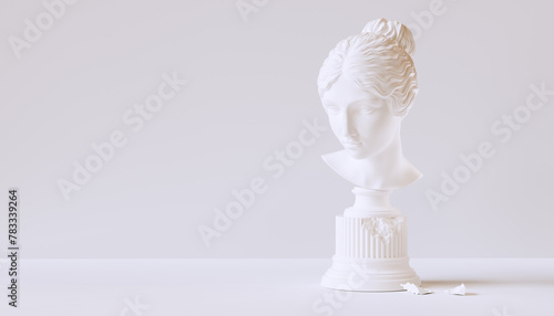 bust of an ancient Greek statue and a destroyed column in a studio on a white background 3d rendering