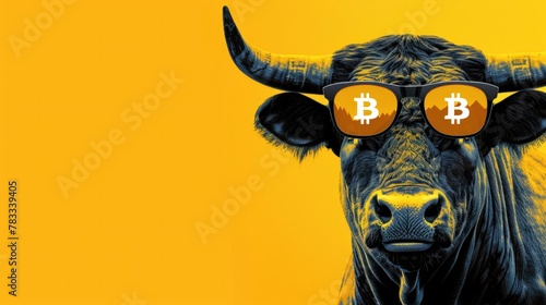 stylish illustration of a bull wearing sunglasses with an image of Bitcoin on them, as a symbol of the growing crypto market. Copy space, yellow background