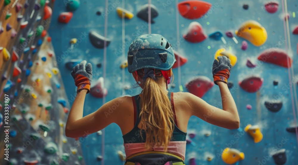 A girl in sportswear climbing on an indoor bouldering wall, wearing yoga pants and sneakers. The background is colorful with various rock walls for hanging ropes and holds.