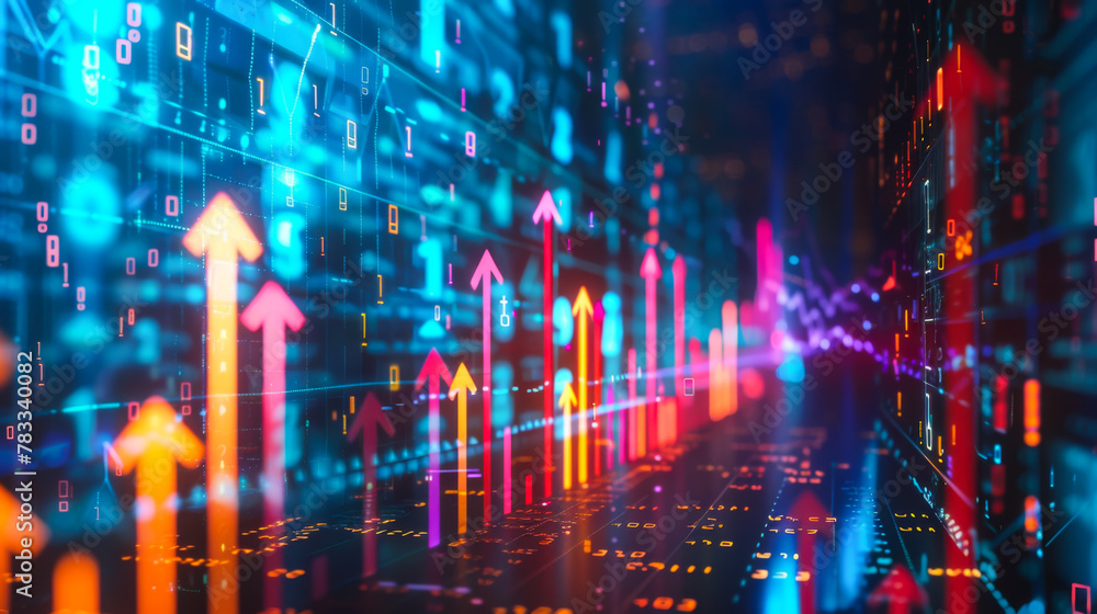 Futuristic raise arrow chart digital transformation abstract technology background. Big data and business growth currency stock and investment economy