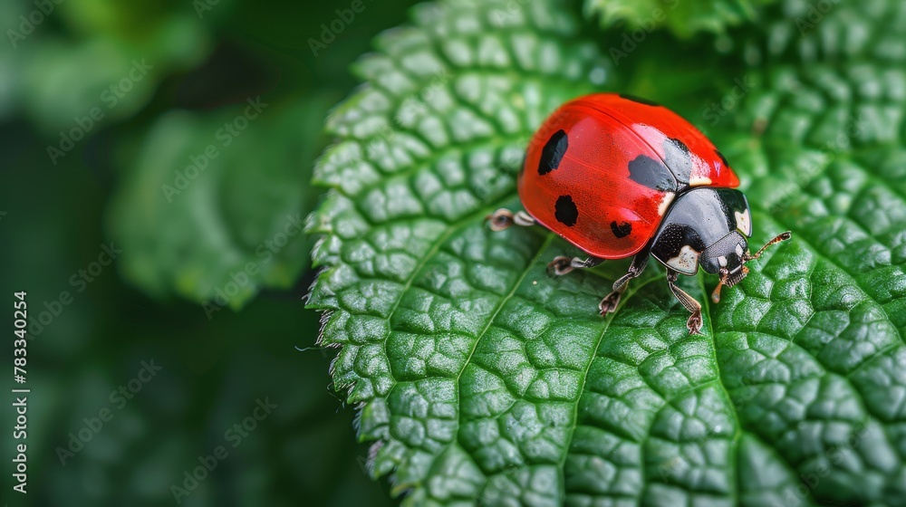 Naklejka premium Ladybug Perched on Green Leaf
