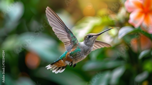 Hummingbird Flying Near Flower