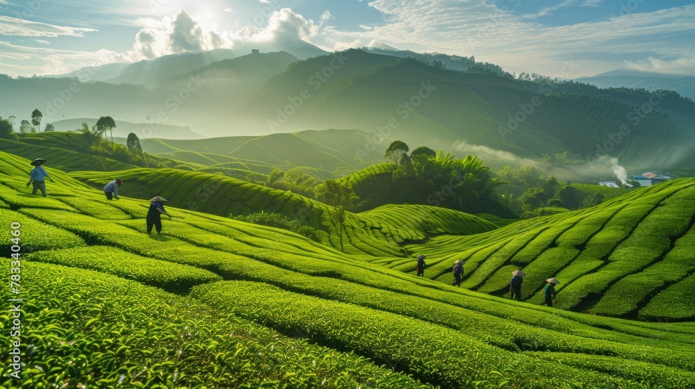 Fototapeta premium Early morning harvest in a vibrant green tea plantation, with workers in traditional hats picking leaves amidst the mist-covered hills illuminated by soft sunlight..