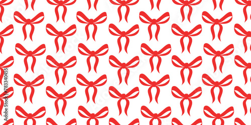 Seamless pattern with various red satin bow knots, gift ribbons. Trendy hair braiding accessory. Hand drawn vector illustration.