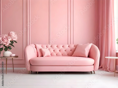 Pastel pink interior design and furniture. Fresh and bright livingroom of the lounge area. Salon with accent rose sofa. Modern mockup background and walls for art or decor. 3d rendering