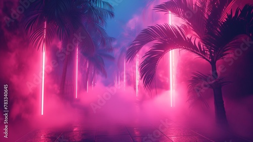 Illustration of a tropical background in neon light in retro style