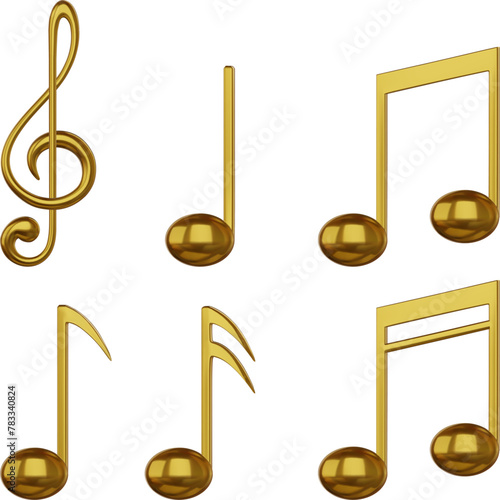 set of isolated gold music notes and violin key