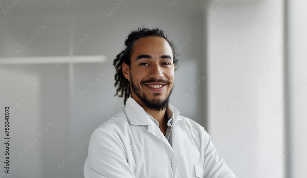 Obraz premium Portrait of a smiling male doctor of Spanish appearance in a white coat.
