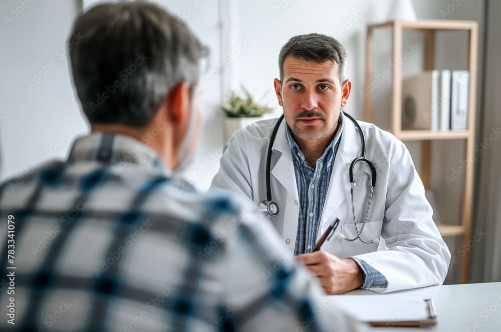 Fototapeta premium A doctor consults a male patient while sitting at a table in a clinic office.