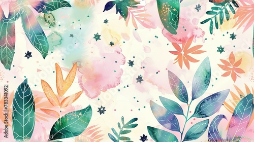 pastel punk botanical art pattern of spring plants, vintage painting, forest leaves, gouache painted illustrated pastel galaxy, watercolor, pastel colors, stars, unicorncore, sparklecore, cosmic