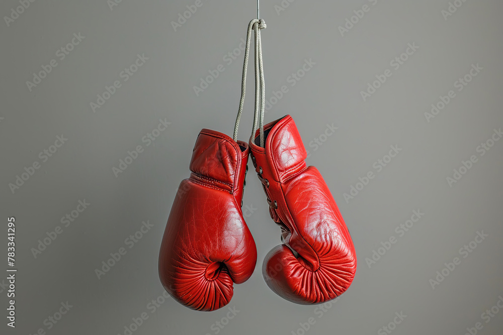 Pair of red leather boxing gloves on grey background