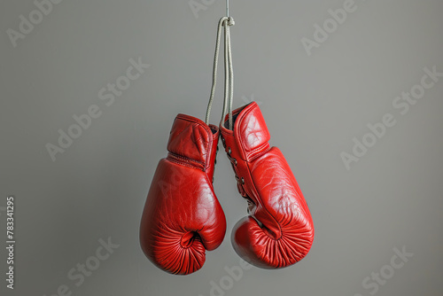 Pair of red leather boxing gloves on grey background © Alina