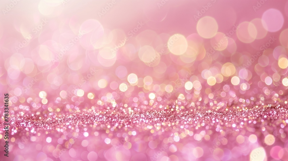 Golden pink sparkles on pink background. Light pink minimalistic festive glamorous background with scattered metal glitter in delicate pastel colors.