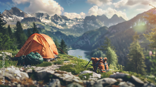 Tent and backpack in the mountains, outdoor adventure traveling.