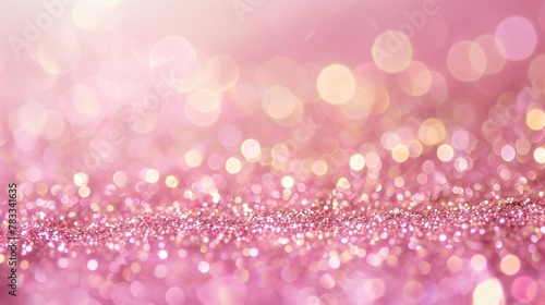 Golden pink sparkles on pink background. Light pink minimalistic festive glamorous background with scattered metal glitter in delicate pastel colors.