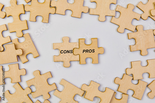 Wooden puzzle pieces with word CONS PROS Business concept image