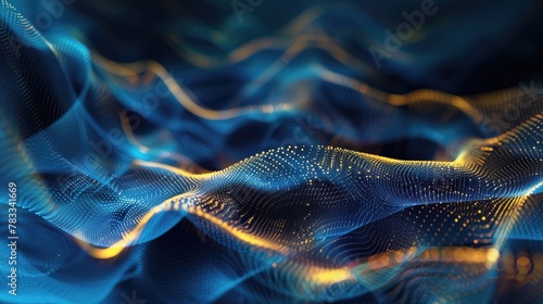 wallpaper with a blue and gold background, in the style of unpredictable lines, figurative space landscapes, whip line, infinity networks, photo