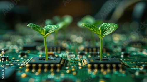 seedlings growing out of a circuit board computer chips