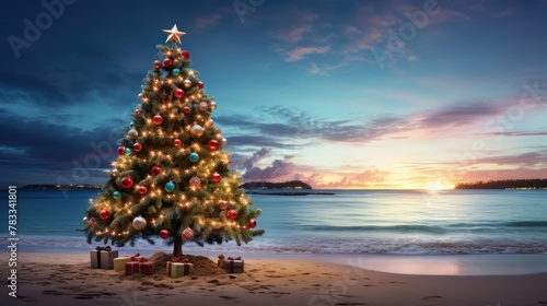 Christmas cheer by the sea, as a decorated fir tree with gift boxes stands on the sandy beach against the ocean background.