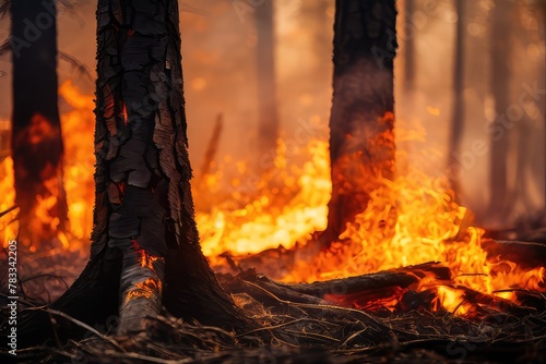 Forest fire, burning trees in the foreground, close-up