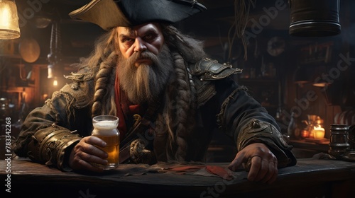 Charismatic pirate in a cocked hat at an old port tavern, embodying the spirit of vintage seafaring adventures with a menacing skull flag. photo