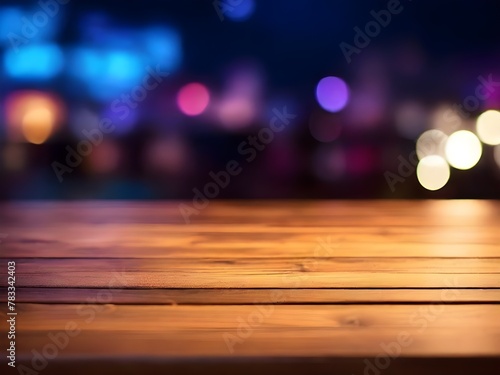 Wooden table  blurred bokeh background background. Neon light  night view  close-up. The general background of the interior  a dark background.