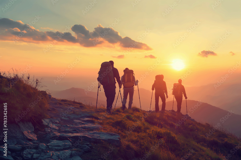Obraz premium team hiking or trekking, group active outdoor adventure journey (1)