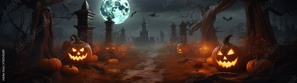 Autumn fear: A haunting Halloween scene featuring tombstones, carved pumpkins, fog, and a full moon for a night of spooky celebration.