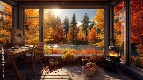 Inside a private house  a room with a view of vibrant yellow autumn trees  creating an idyllic and serene atmosphere.