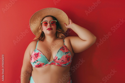 size plus model in bikini on red background, body positive lady (4) photo