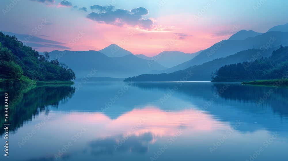 Sunset Over Lake Surrounded by Trees