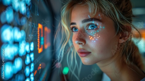 Woman Looking at Computer Screen With Glowing Blue Eyes
