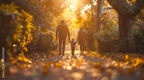 Family Walking Down a Path at Sunset © olegganko