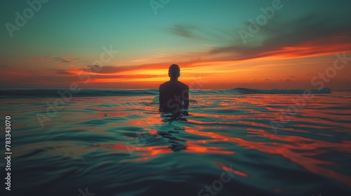 Person Sitting on Surfboard in Ocean at Sunset