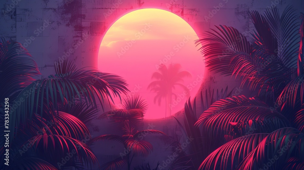 Obraz premium Illustration of a tropical background with sunset or dawn in neon light in retro style. Palm trees and the sun