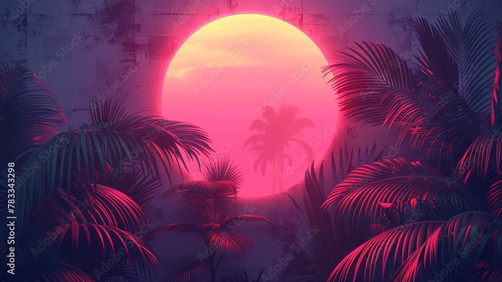 Illustration of a tropical background with sunset or dawn in neon light in retro style. Palm trees and the sun