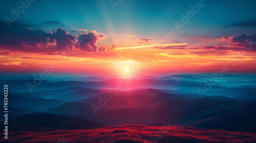 Sun Setting Over Mountain Range