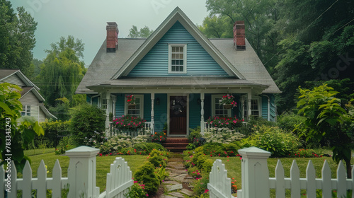 Blue House With White Picket Fence