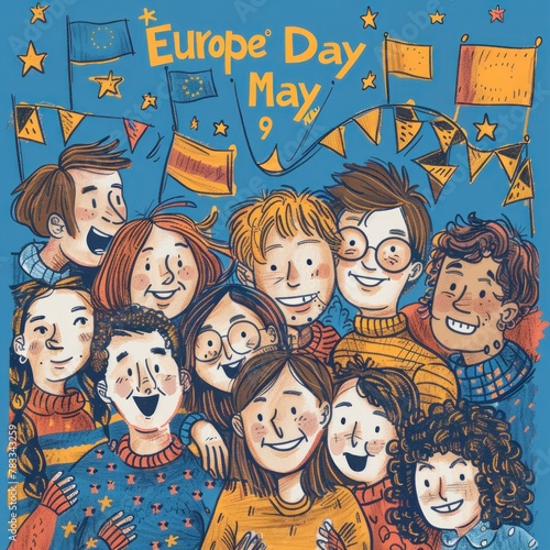 Happy Europe Day of European Union. Blue flag, yellow stars, diverse people get together, different cultural equality, illustration. Poster, card, banner