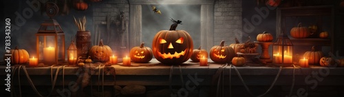 Dark autumn night illuminated by laughing pumpkins and candles - a spooky Halloween scene filled with mysterious charm.
