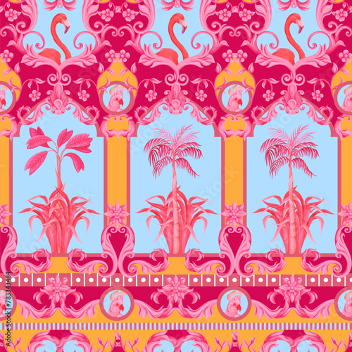 Seamess pattern with tropical and baroque elements. Vector.