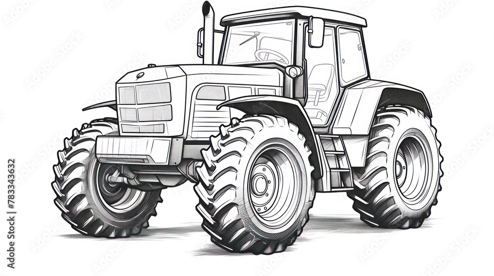 Mechanical marvel: The coloring of a powerful tractor, its large wheels symbolize the mechanical strength of agricultural equipment.