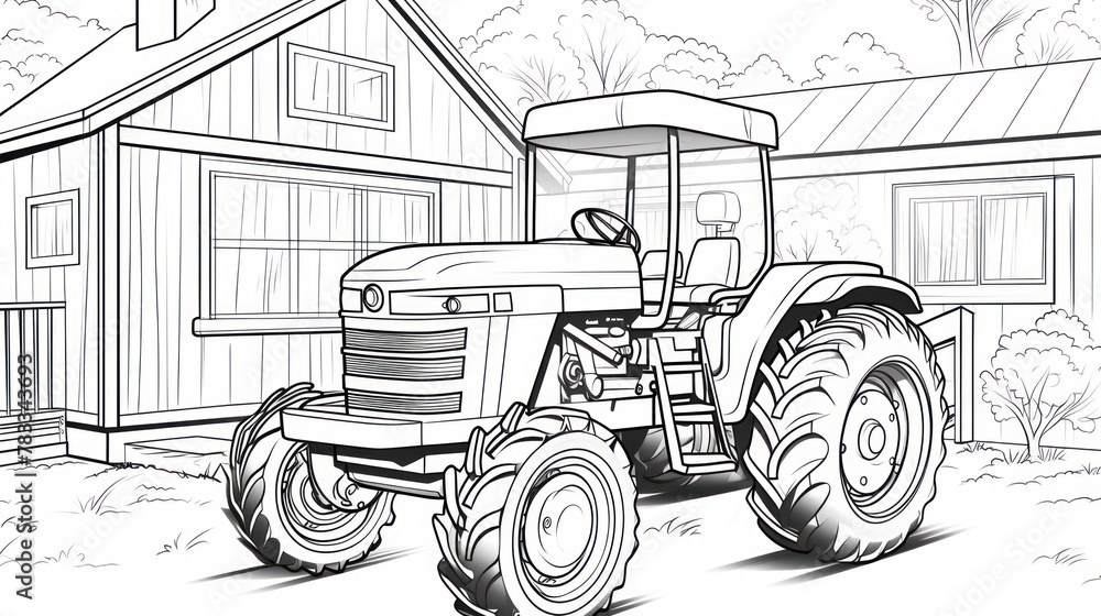 Cropland icon: Coloring page featuring a tractor and wooden barn, a creative representation of essential farming equipment.