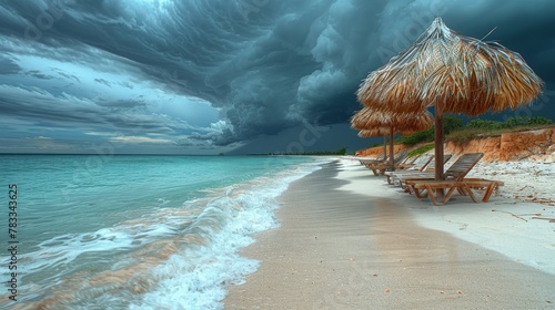 Chairs and Umbrellas on a Sandy Beach Under Cloudy Sky