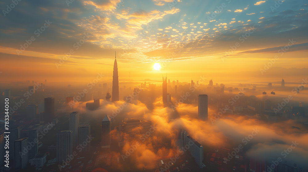 A cityscape awakens to the golden hour, skyscrapers piercing the veil of morning mist under the gentle embrace of dawn