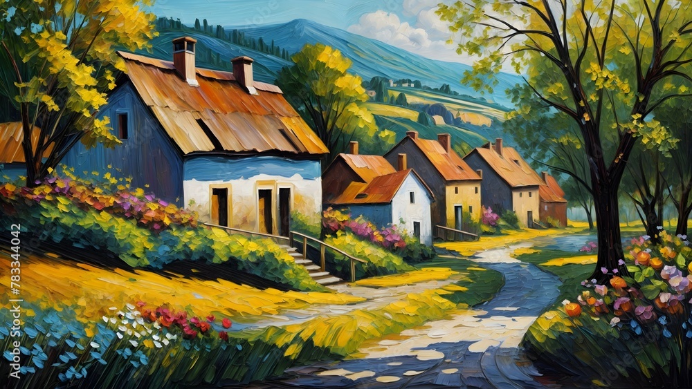 Colorful painting of rural village houses