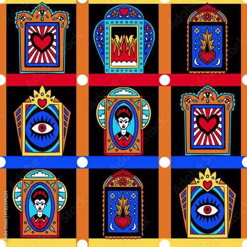Foto Seamless pattern with Mexican windows, heart and sugat elements