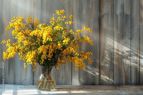 Mimosa flowers in vase on wooden table
