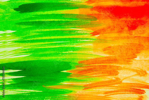Lime green yellow fire carrot orange red abstract watercolor. Art background. Bright color paint expressive light vivid fun. Stroke line daub chaos mix. Design. Spring summer grass blossom.