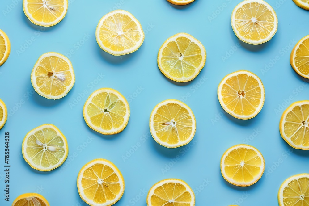 Pattern of ripe lemon slices on blue background Pattern of ripe lemon slices on blue background